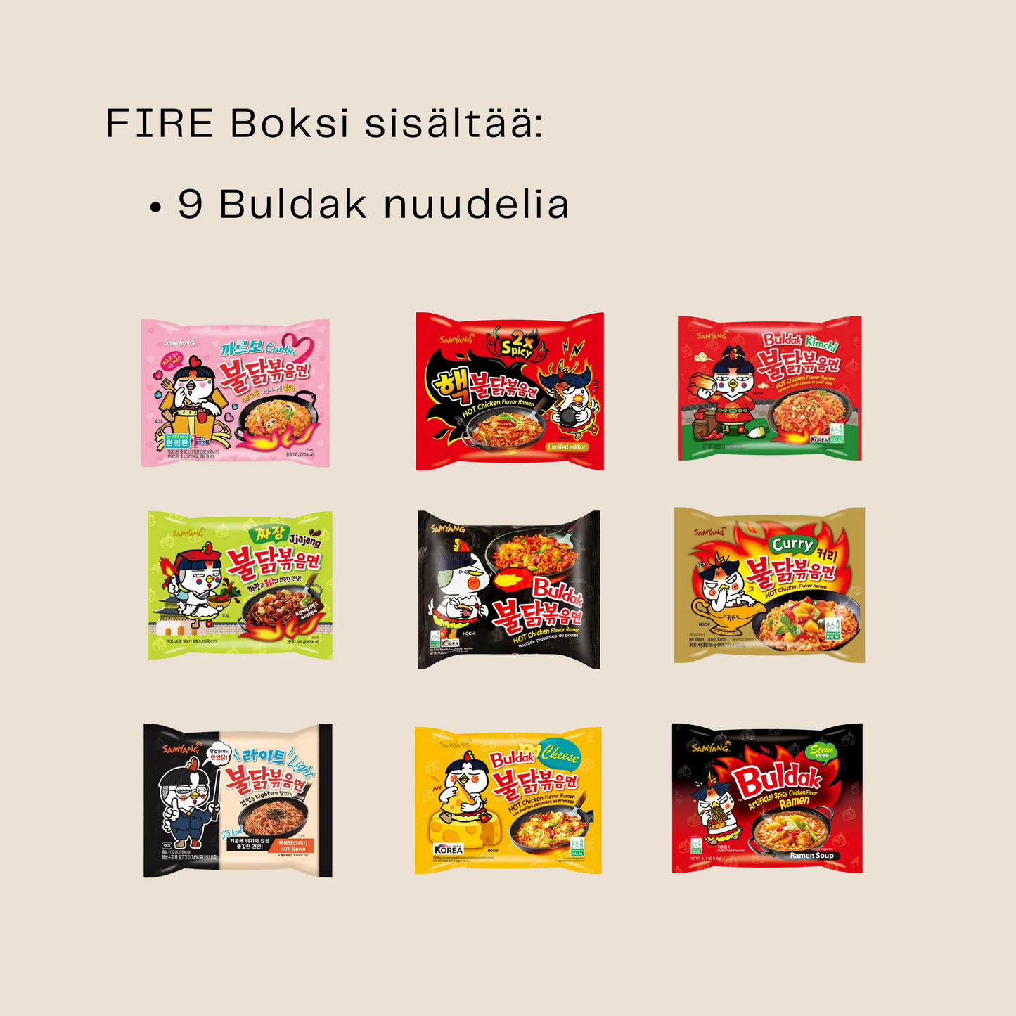 Fire nuudeliboksi, kuvassa boksi ja mitÀ nuudeleita boksiin tulee